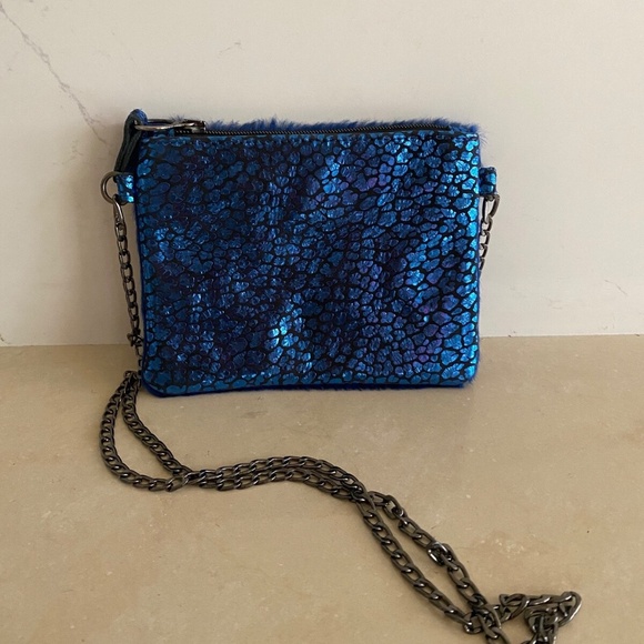 Etui Handbags - ETUI London Blue Leather Party Fur Foiled Print Clutch/Crossbody Shoulder Purse